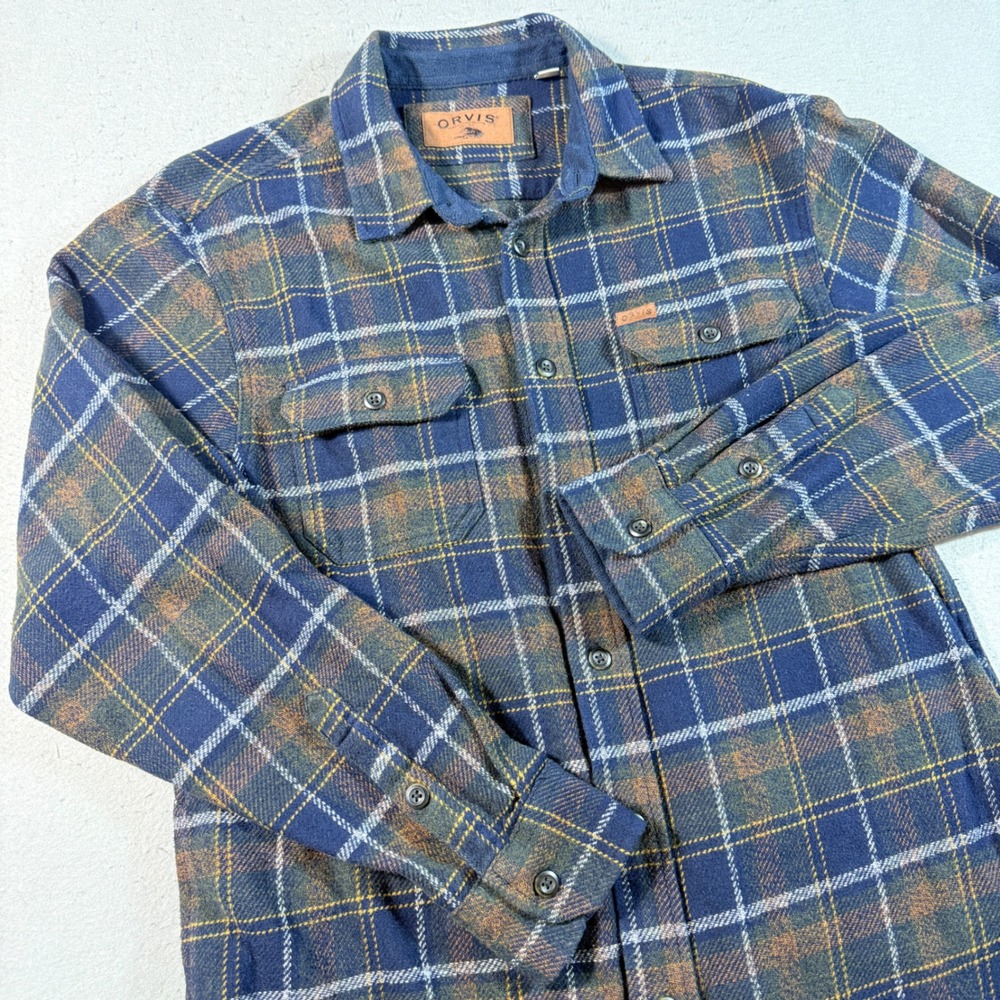 Orvis Mens Medium Blue Green Plaid Flannel Button Down Shirt with Side‎ Pockets